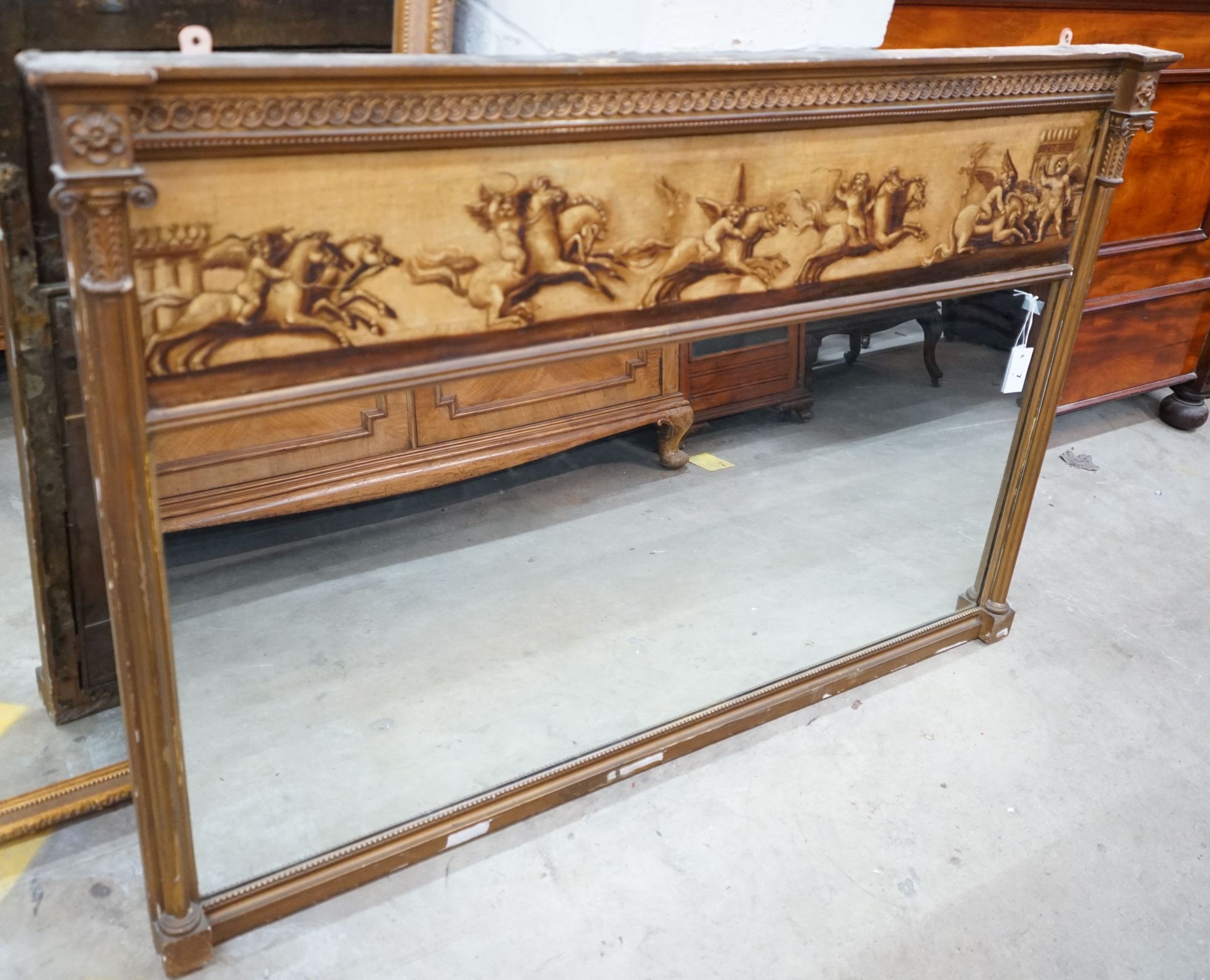 A 19th century and later gilt framed overmantel mirror with oil on canvas frieze decorated with putti, width 142cm, height 96cm